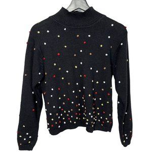 Vintage 90s Black Multicolor Ramie Blend Festive Embroidered Balls Small